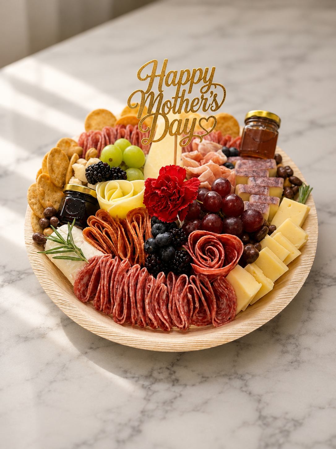 Mother's Day charcuterie board with meats, cheeses, fruits, and a 'Happy Mother's Day' topper on a marble surface.